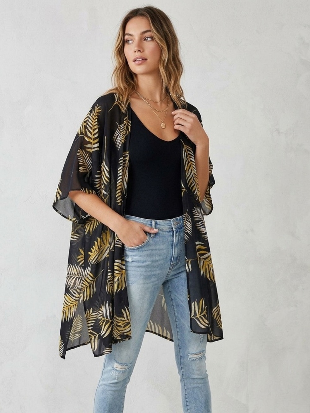 Maurices Black Sheer Kimono with Gold Leaf Print